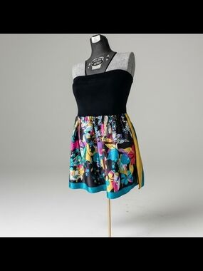 Silk Floral A-Line Skirt/Blouse w/ Black Foldover Ultra Wide Waistband Size L